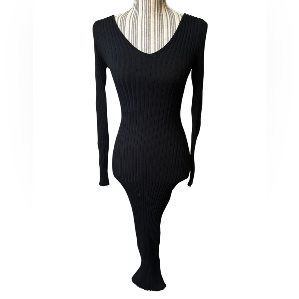 Eye Candy Dress Small Sleek Black Ribbed Knit Long-Sleeve V-Neck Bodycon Midi